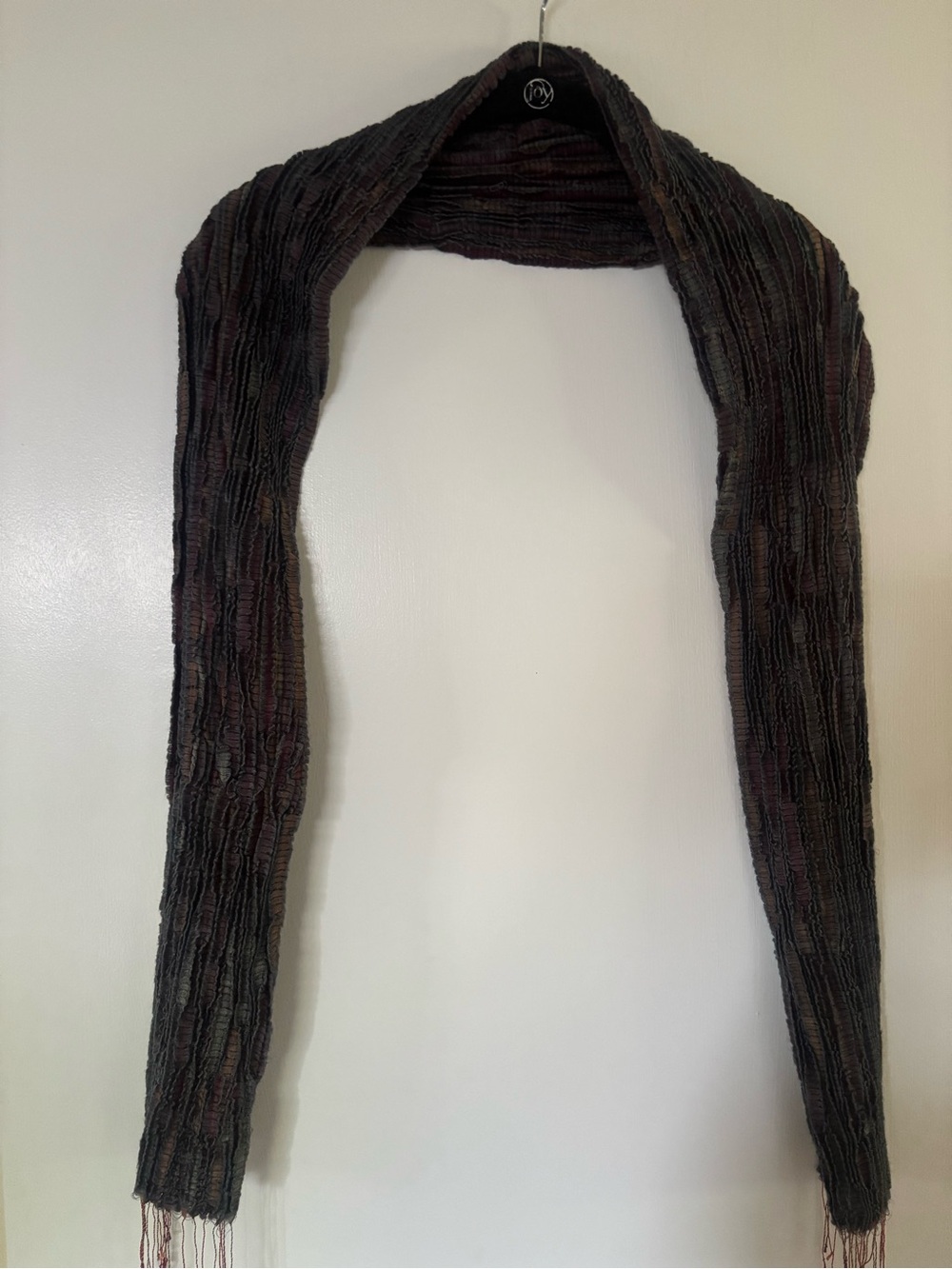 Sevya Handmade Wool/Silk Scarf in dark gray multi with fringe